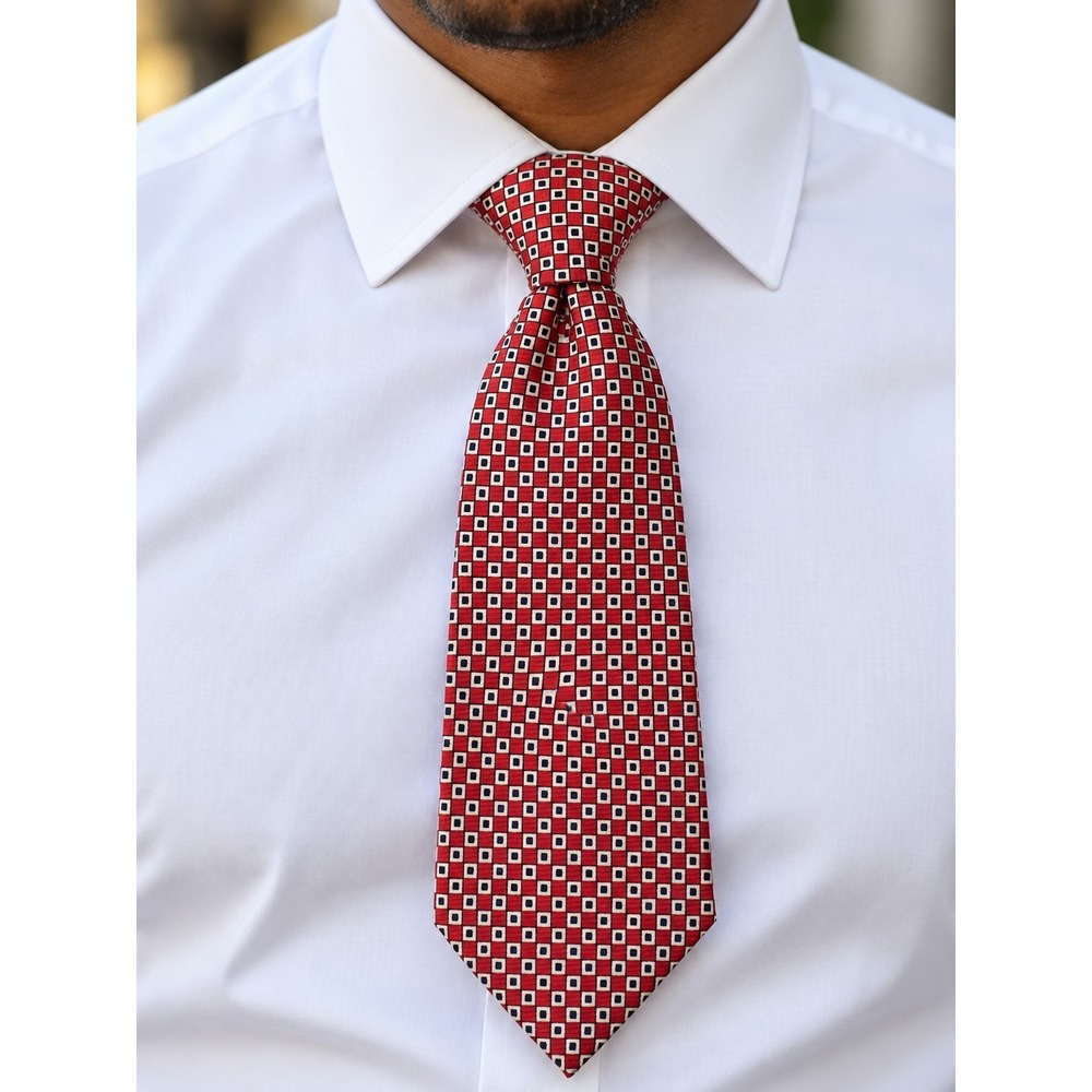 Polo RALPH LAUREN Mens 100% Silk Tie Maroon Red Geometric Handmade USA